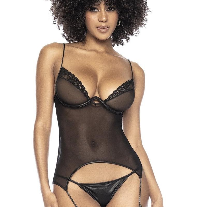 bustier dentelle noire avec portejarretelles et string assorti de mapalé lingerie