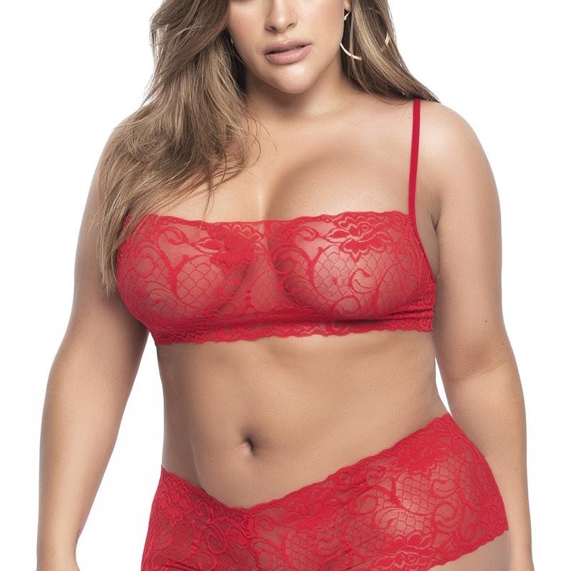  lingerie sexy en top bustier dentelle rouge et shorty pour femmes rondes et pulpuses