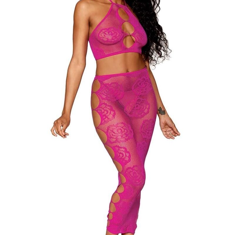 soutiengorge et jupe longue en filet résille rose sexy de dreamgirl lingerie