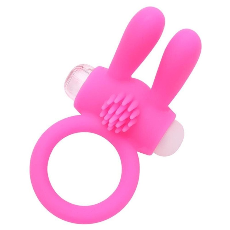 Anneau vibrant silicone rose avec oreilles de lapin - COR-003PNK