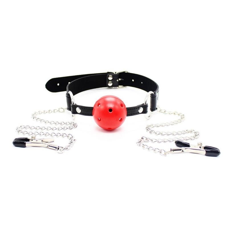 Bâillon boule rouge et pinces tétons - accessoires BDSM pas cher