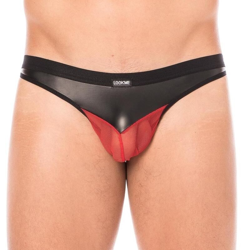 Jock similicuir noir et résille rouge - lingerie sexy homme pas cher