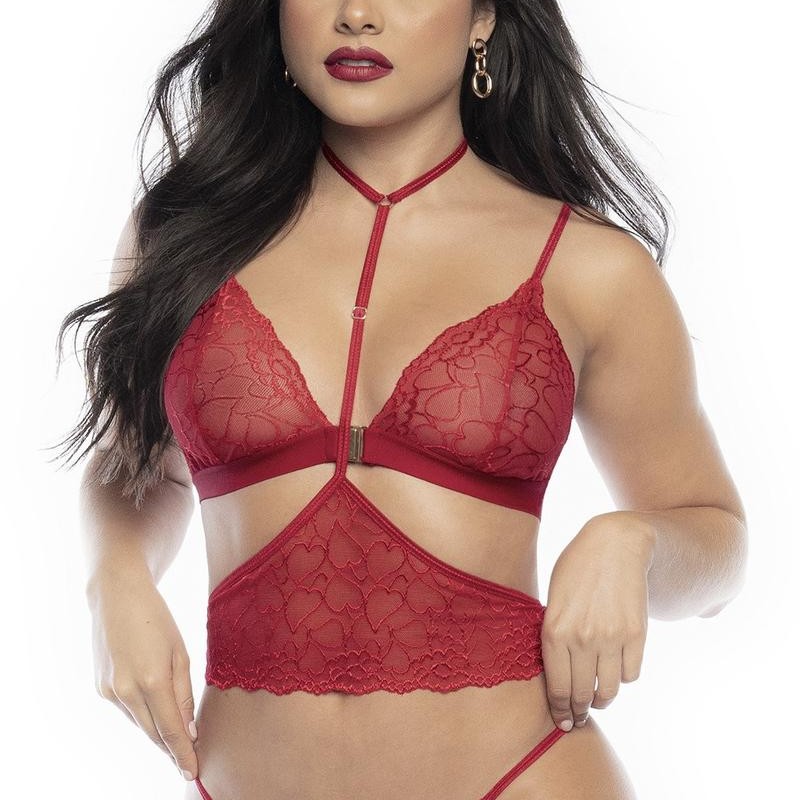 parure lingerie sexy rouge imprimé de cœurs en dentelle de votre mapalé.