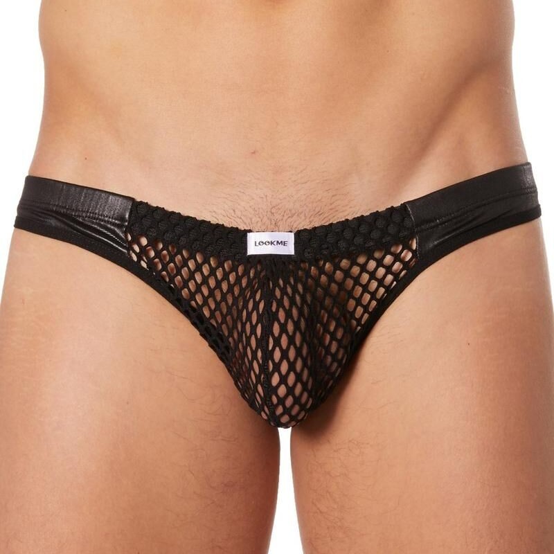 lingerie look me : slip brief noir filet bandes simili cuir