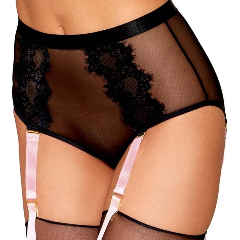 Culotte noire taille haute avec jarretelles roses - Dreamgirl