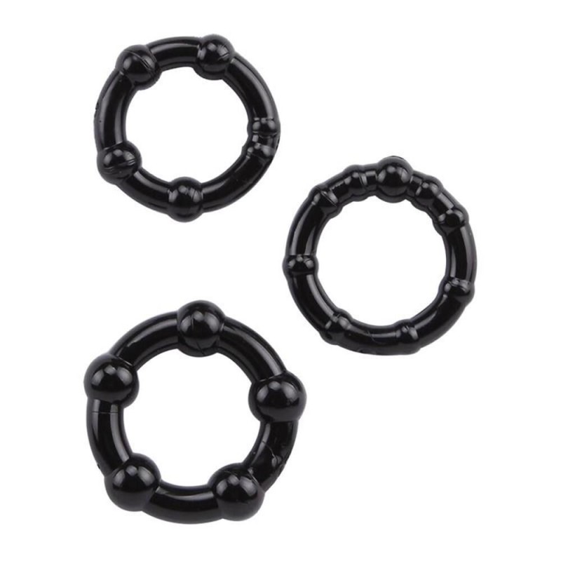 3 cockrings noirs avec avec stimulateur à billes, stimulation augmentée.