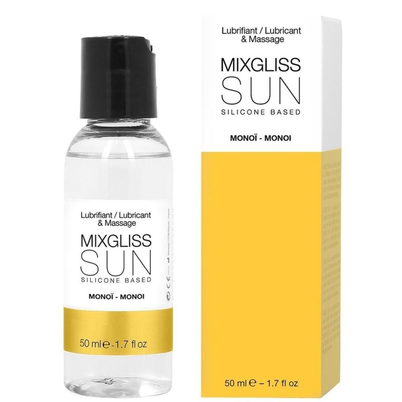 lubrifiant 2 en 1 de la marque mixgliss sun monoï 50 ml, gel de massage et lubrifiant silicone en distribution cldiffusion.