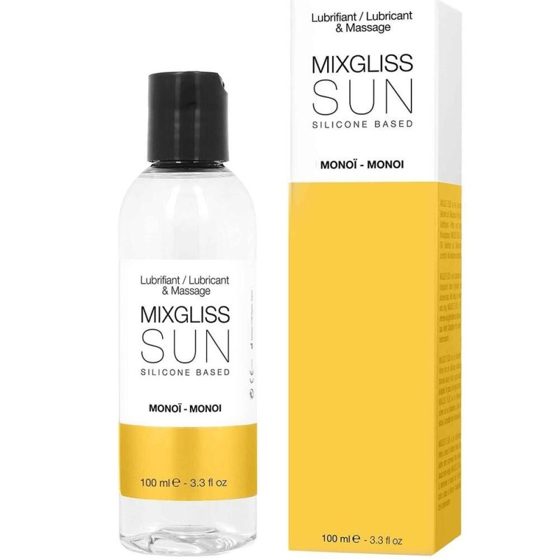 lubrifiant 2 en 1 de la marque mixgliss sun monoï, gel de massage et lubrifiant silicone en distribution cldiffusion.