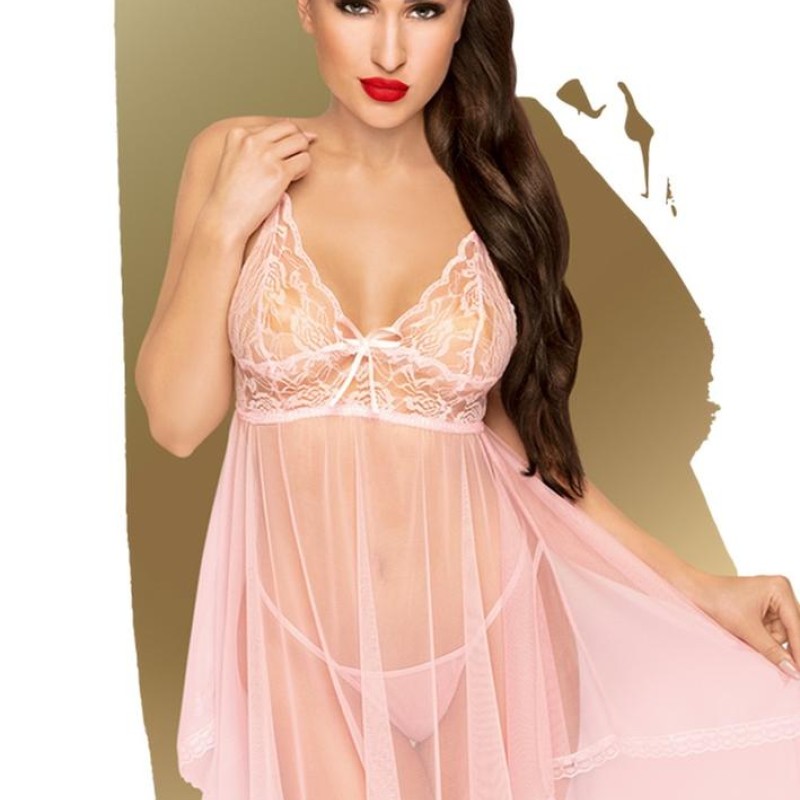 Longue nuisette rose en fine résille semi transparente