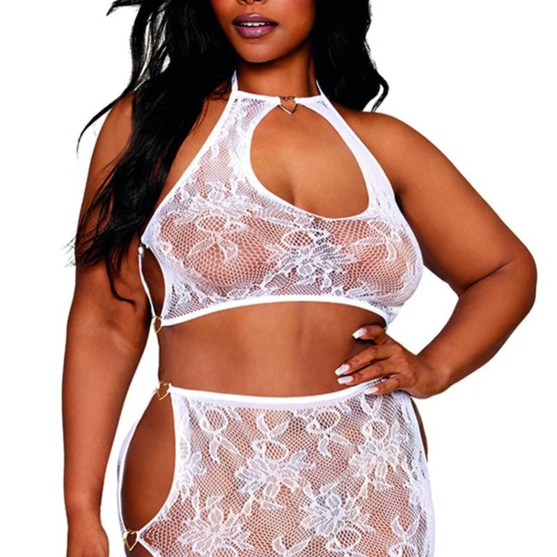 Ensemble 2 pièces grande taille top et jupe en résille fantaisie blanche - DG13309WHT