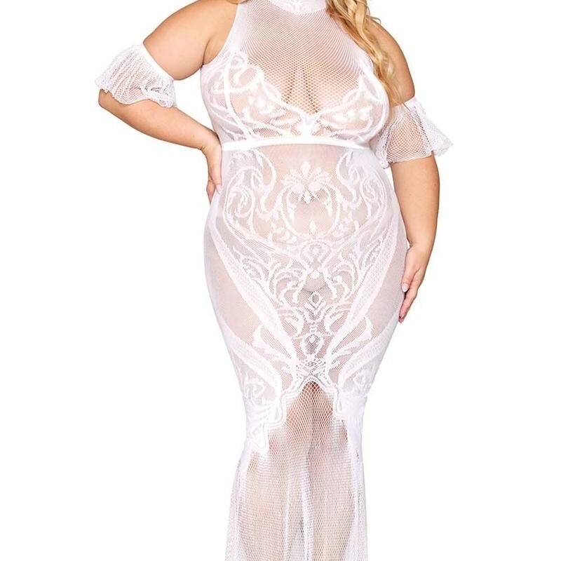 Robe en résille et dentelle blanche grande taille - Dreamgirl