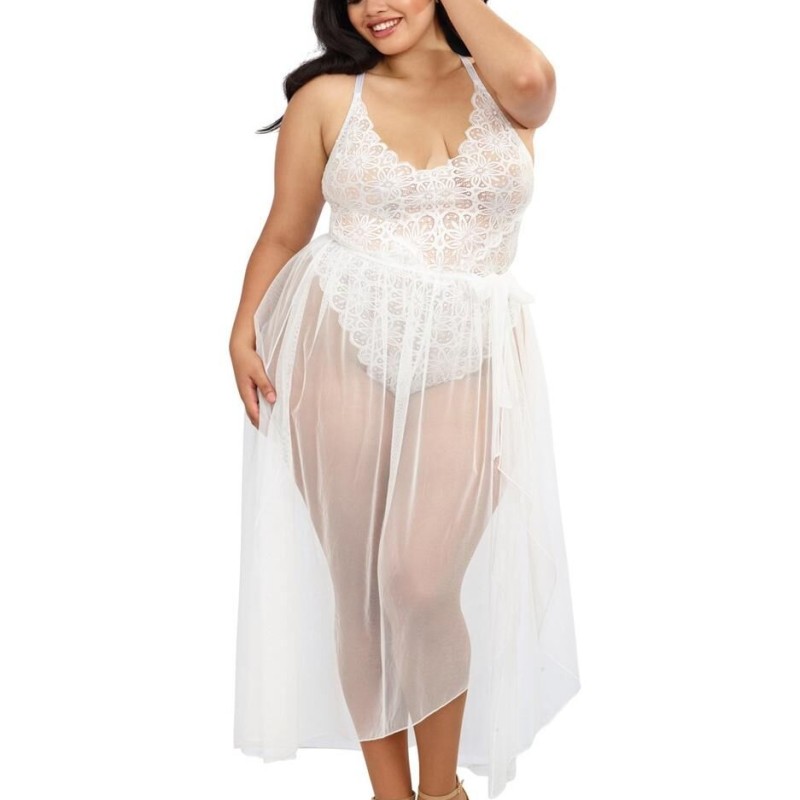  lingerie dreamgirl : body string blanc grande taille échancré et jupe transparente