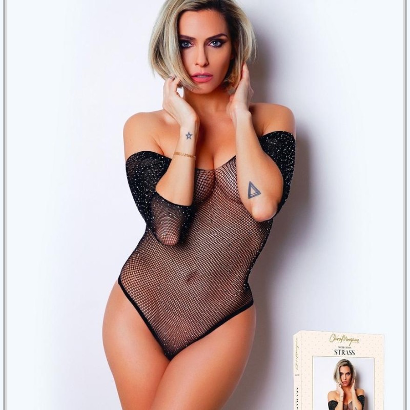 Body noir à manches 3/4 en résille à strass - Clara Morgane