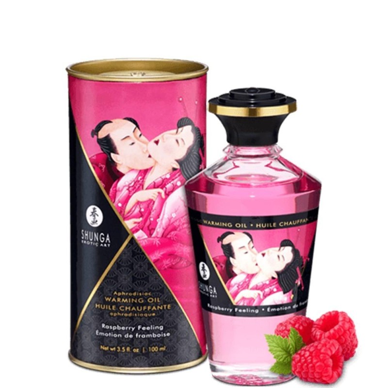 Huile érotique framboise de massage chauffante comestible shunga