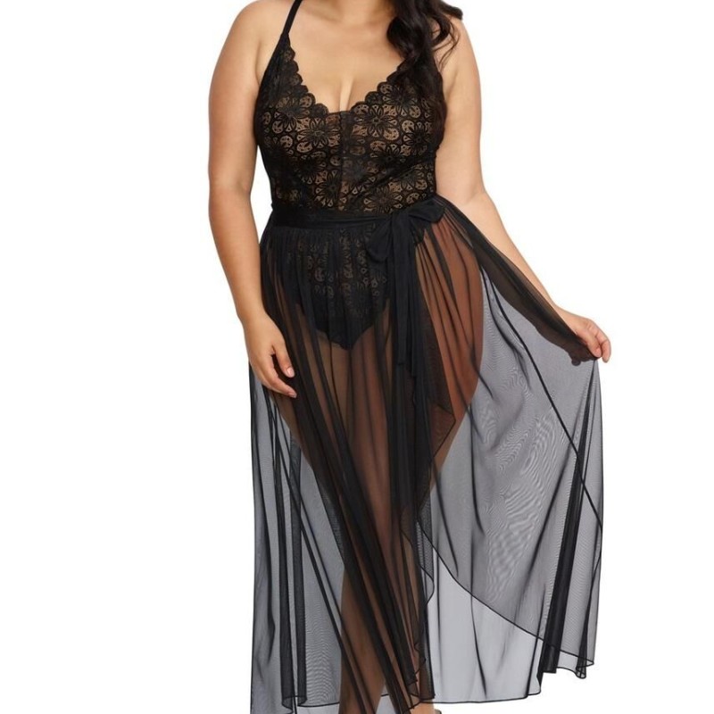 Lingerie dreamgirl : body string grande taille noir échancré et jupe transparente