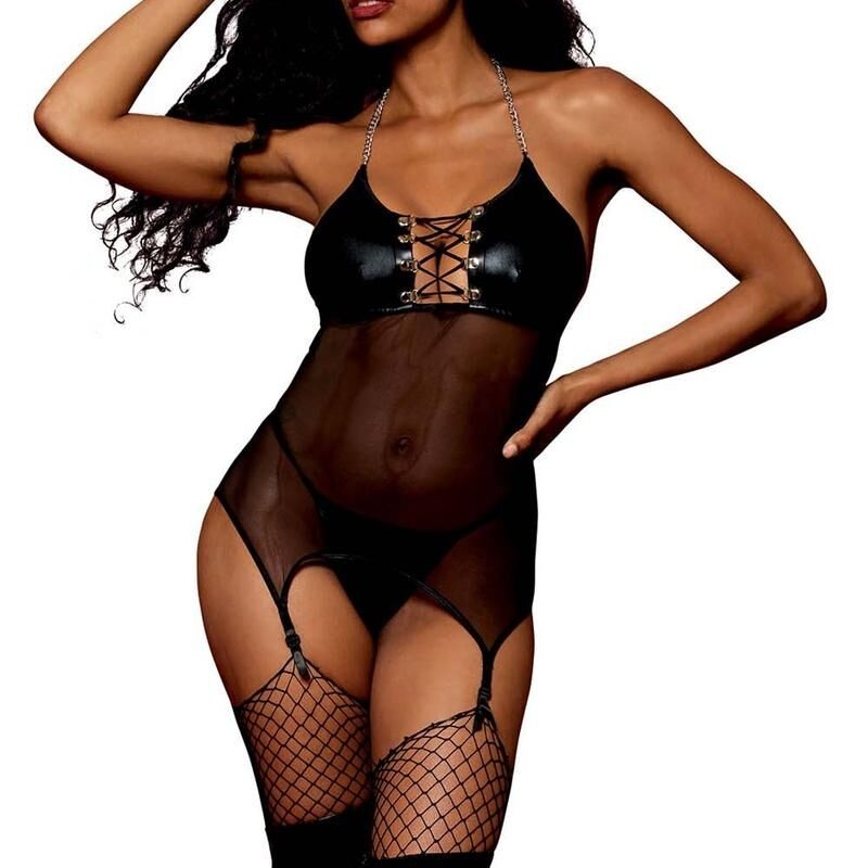 nuisette en résille noire et porte jarretelles, lingerie fétichiste de dreamgirl lingerie