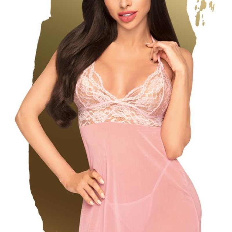 nuisette en résille rose semi transparente et dentelle rose avec string assorti de la marque penthouse.