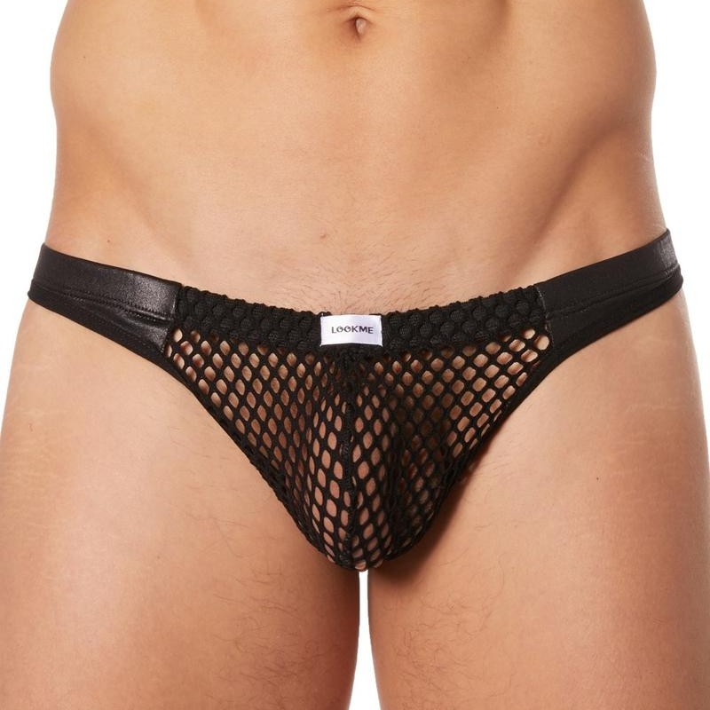 lingerie look me : string noir filet bandes simili cuir