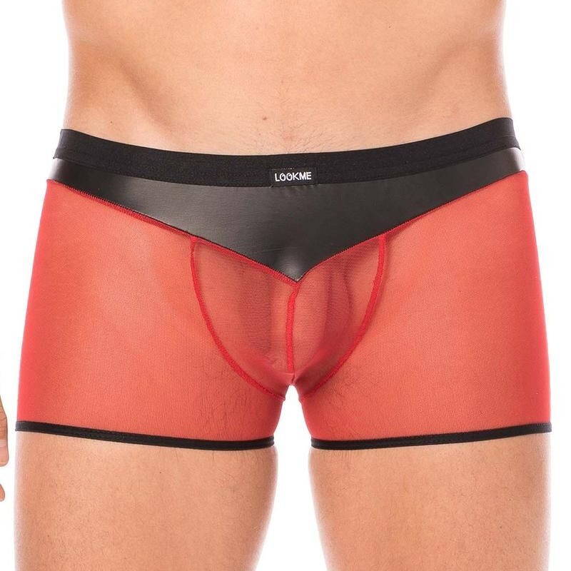 boxer cuir simili et résille rouge transparente