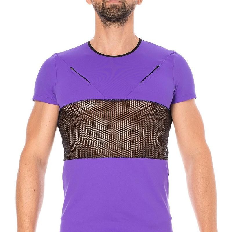 T-shirt violet résille filet noir - lingerie sexy homme pas cher