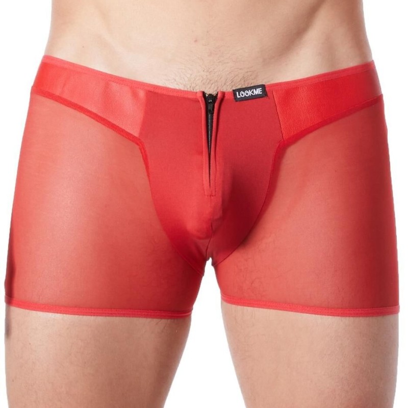 boxer rouge similicuir et résille fine - lingerie sexy homme pas cher