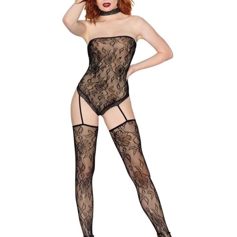 Dreamgirl : bodystocking noir effet body bustier dentelle résille florale avec bas