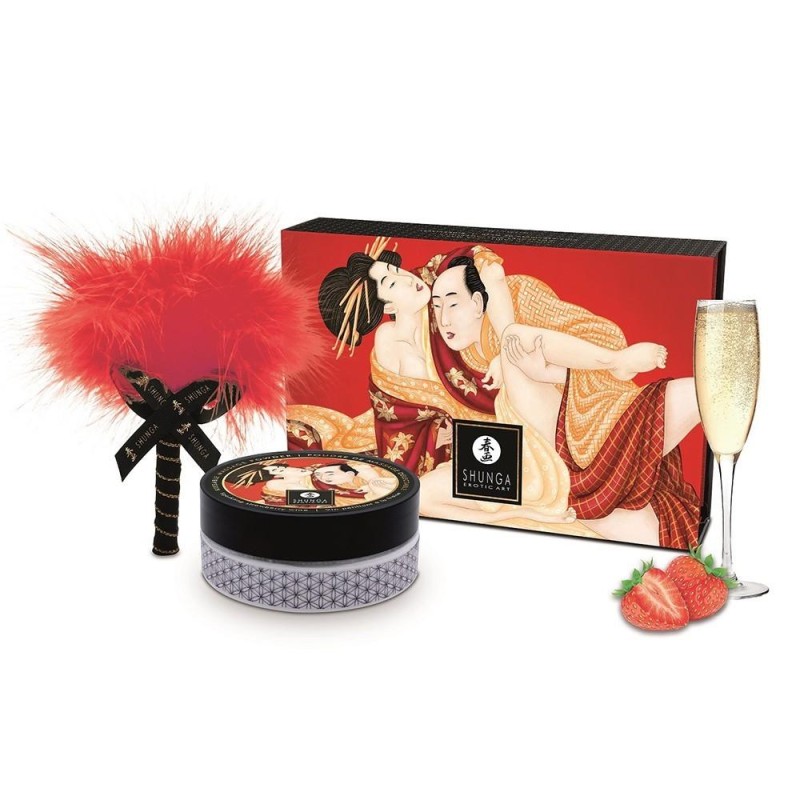 Coffret poudre corporelle fraise/vin pétillant et plumeau - Shunga