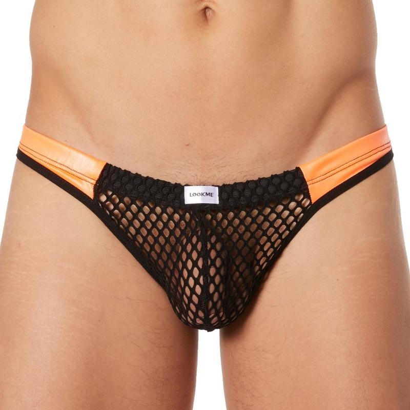 String noir filet bandes similicuir - lingerie sexy homme pas cher