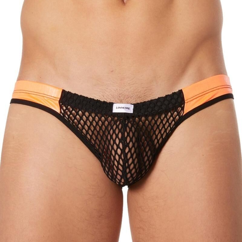 Slip brief noir filet bandes similicuir - lingerie sexy homme pas cher