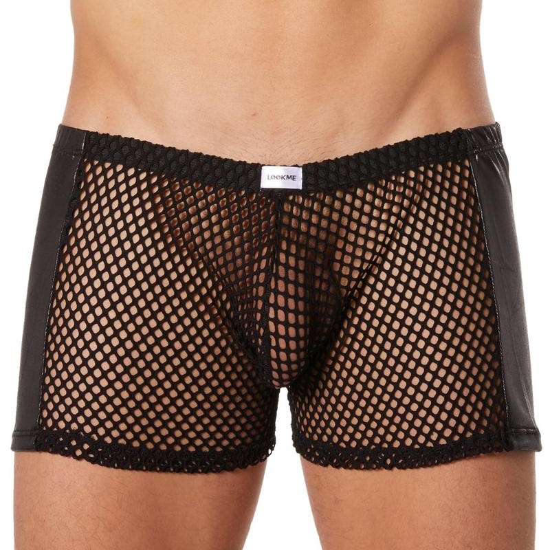 Boxer noir filet bandes similicuir - lingerie sexy homme pas cher