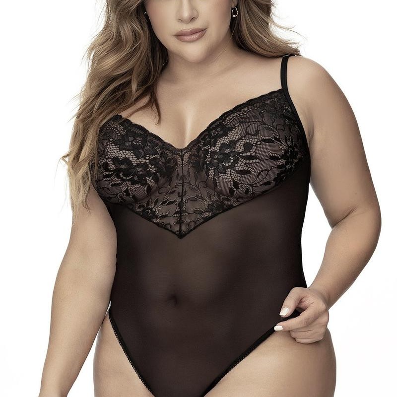 body sexy, pour femme forte, noir en dentelle et résille de mapalé lingerie