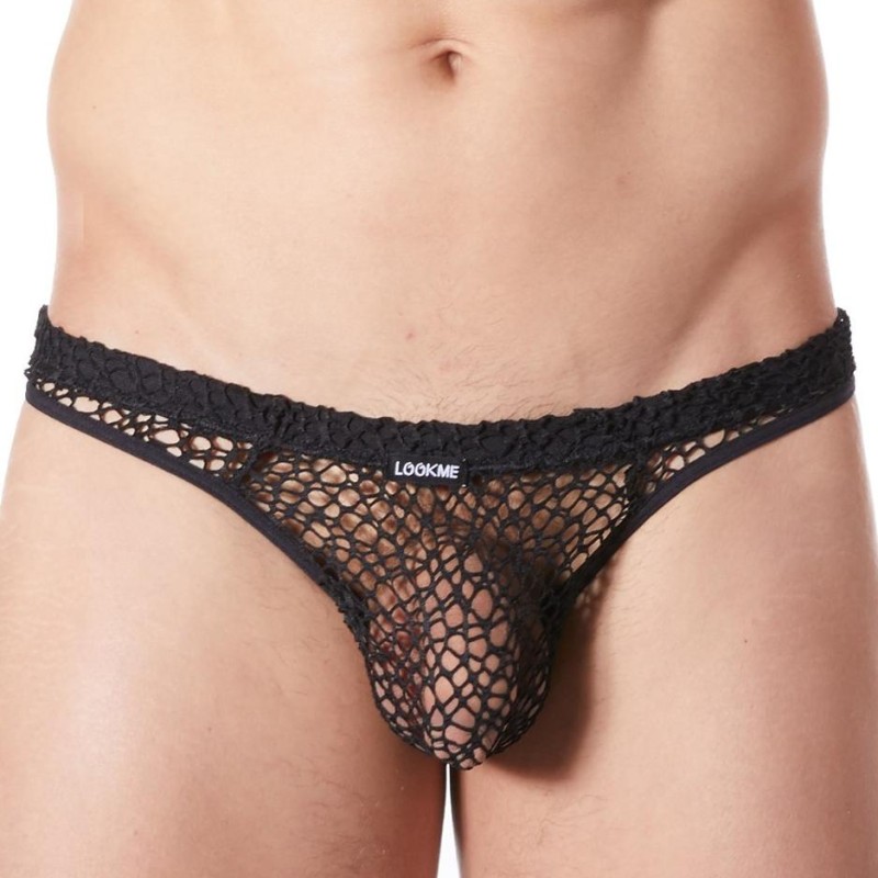 sous vêtement homme : string noir filet irrégulier