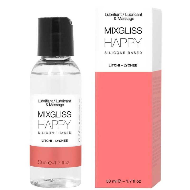 lubrifiant 2 en 1 de la marque mixgliss happy litchi, gel de massage et lubrifiant silicone en distribution cldiffusion.