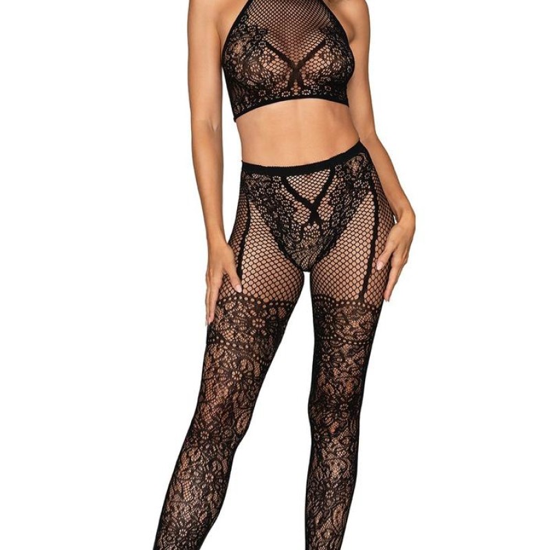 ensemble brassière résille et bas imprimé sexy noir - ensemble sexy pas cher