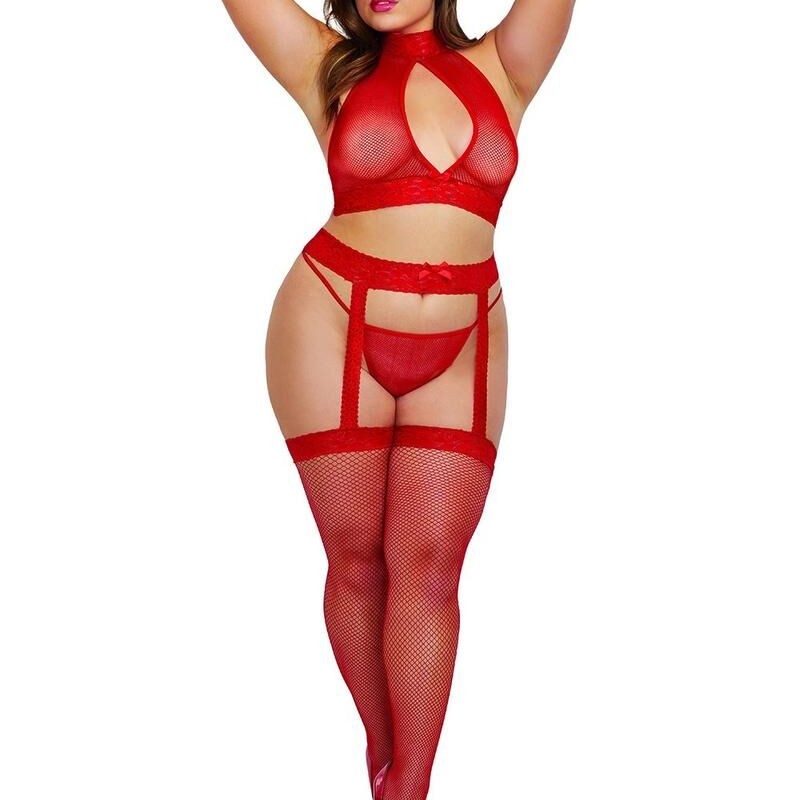 Ensemble trois pièces grande taille en dentelle et résille rouge - Lingerie pas cher