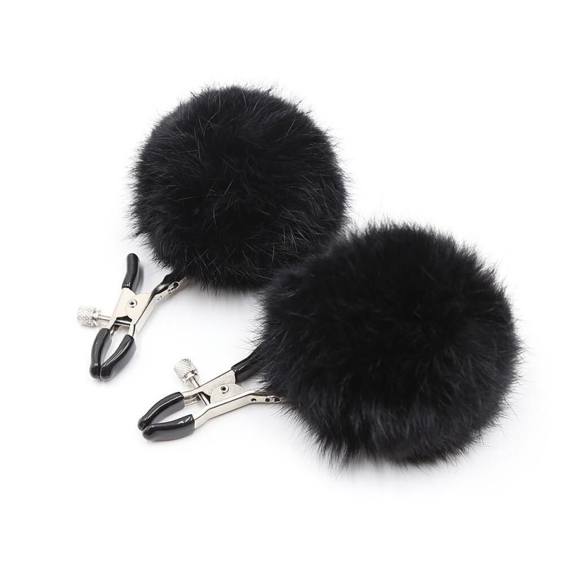 pinces à seins réglables avec pompons noirs - accessoires bdsm pas cher