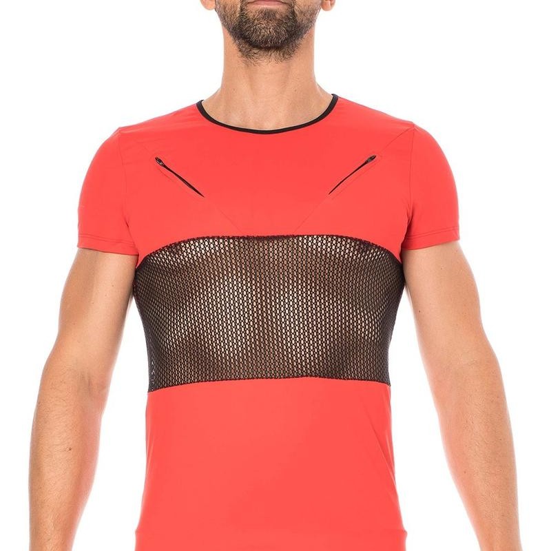 T-shirt rouge résille filet noir - lingerie sexy homme pas cher