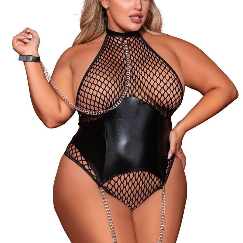 Body noir grande taille en résille et simili cuir - Dreamgirl