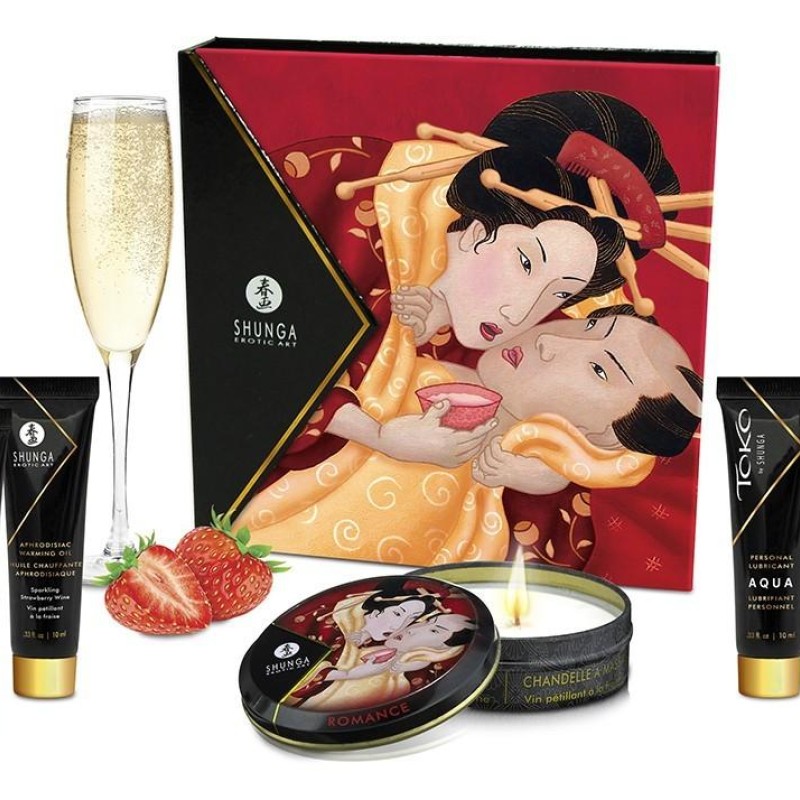 Coffret de geisha fraise - coffret cosmétiques érotiques - huile de massage pas cher