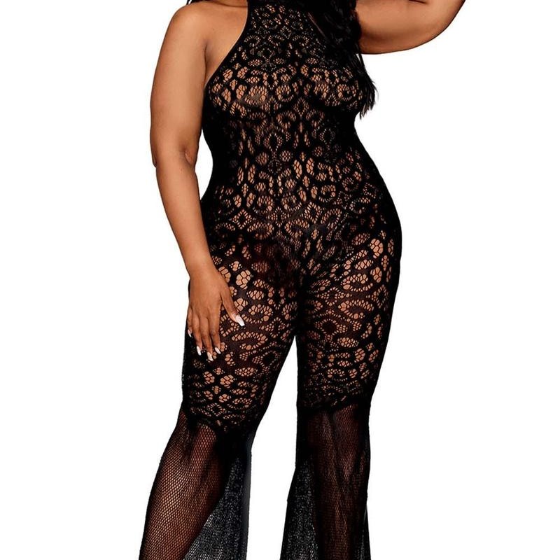 bodystocking noir, grande taille, en résille année 1970 de dreamgirl lingerie