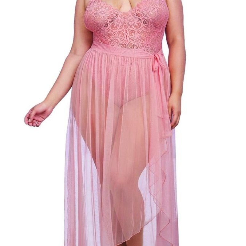 Body string rose grande taille en dentelle et jupe en tulle