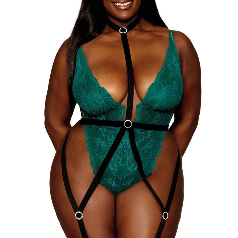 Body dentelle vert grande taille avec harnais - Dreamgirl