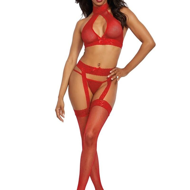 Ensemble trois pièces en dentelle et résille rouge - Lingerie pas cher