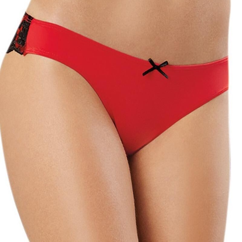 Lingerie tanga rouge uni dentelle noire