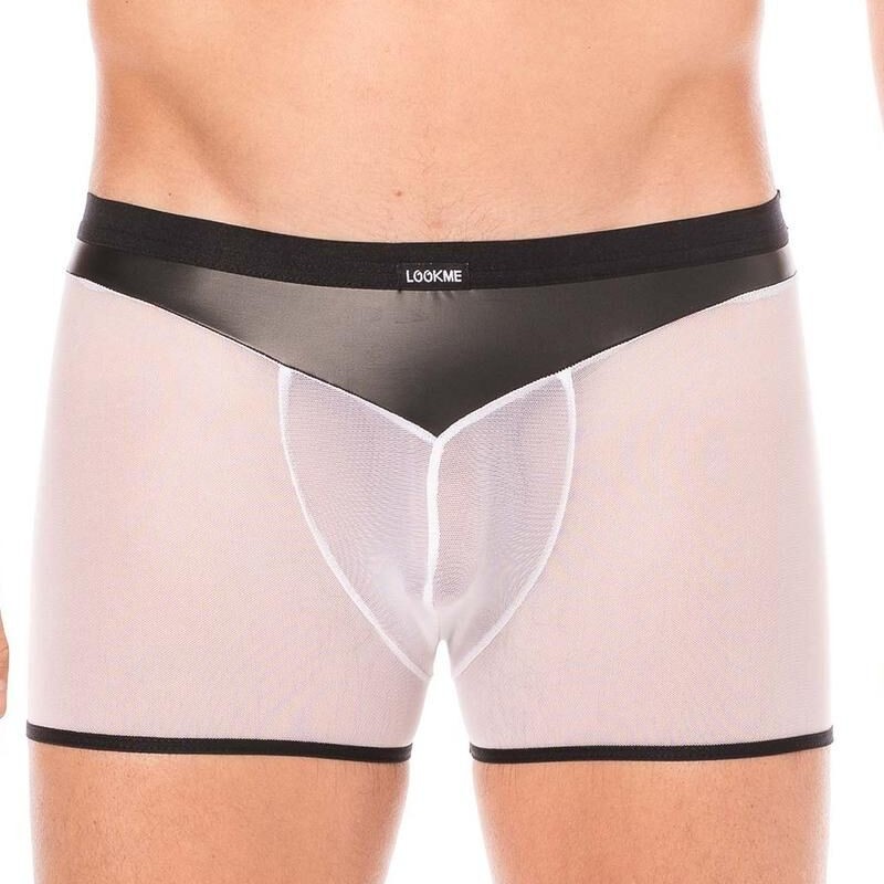 Boxer similicuir et résille blanche - lingerie sexy pour homme pas cher