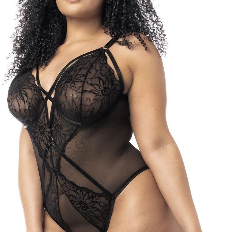 Body noir grande taille en résille et dentelle avec jarretelles - Mapalé