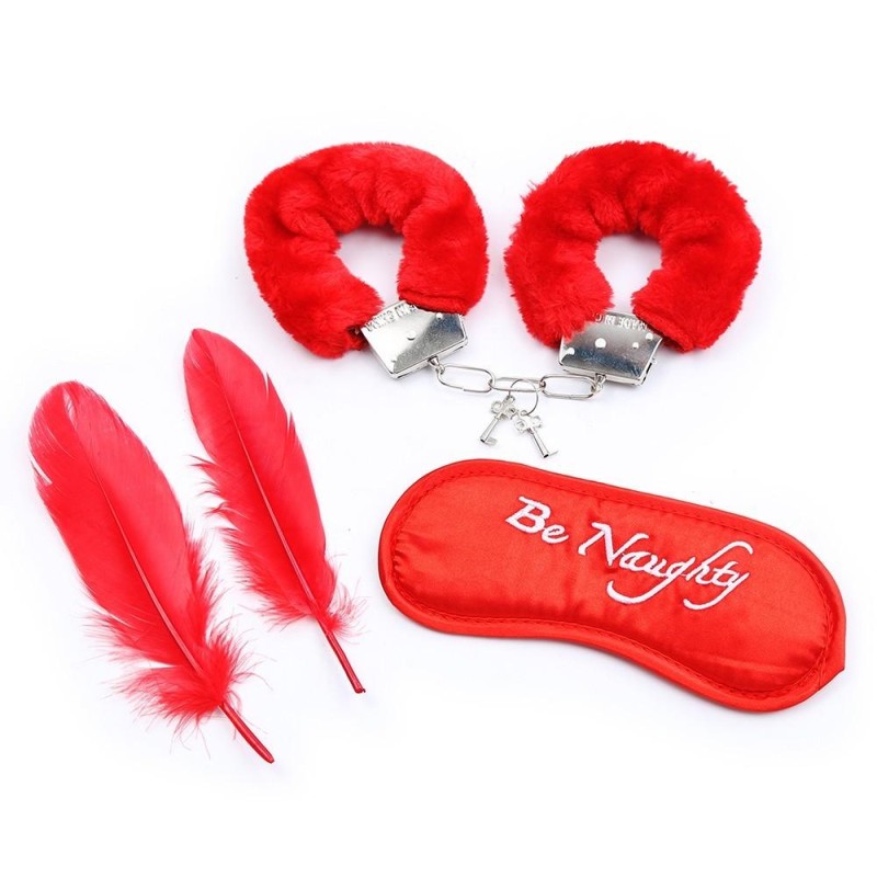 Set de 4 pièces rouge pour soirée coquine avec menottes, masque et plumes | sextoys pas cher, accessoires coquins