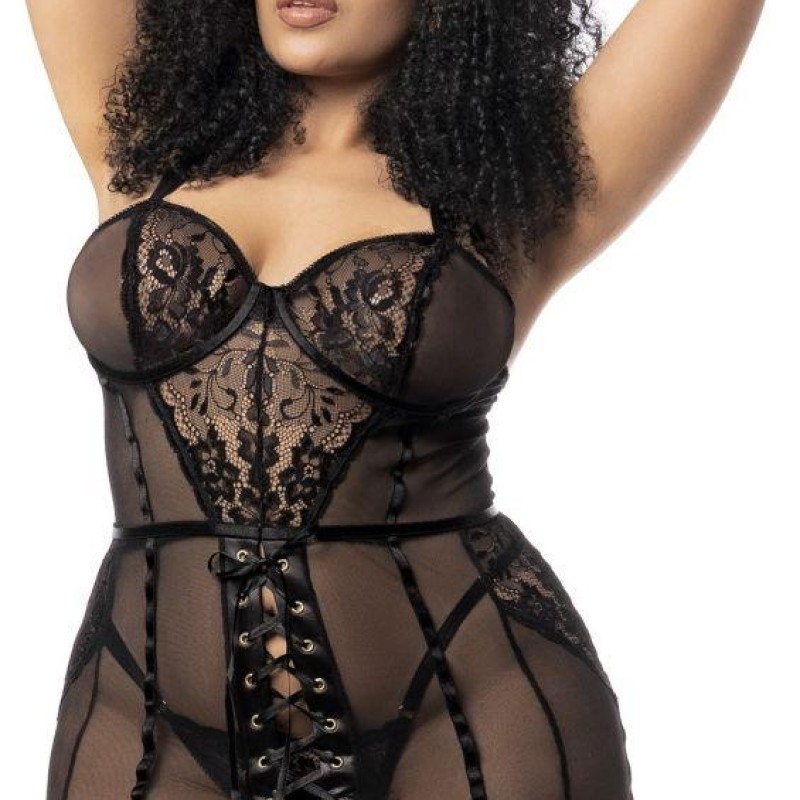 Guêpière sexy grande taille en fine résille noire et dentelle - Mapalé