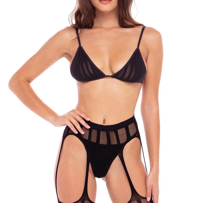 ensemble lingerie 3 pièces soutien-gorge pore jarretelles et string - ensemble sexy pas cher