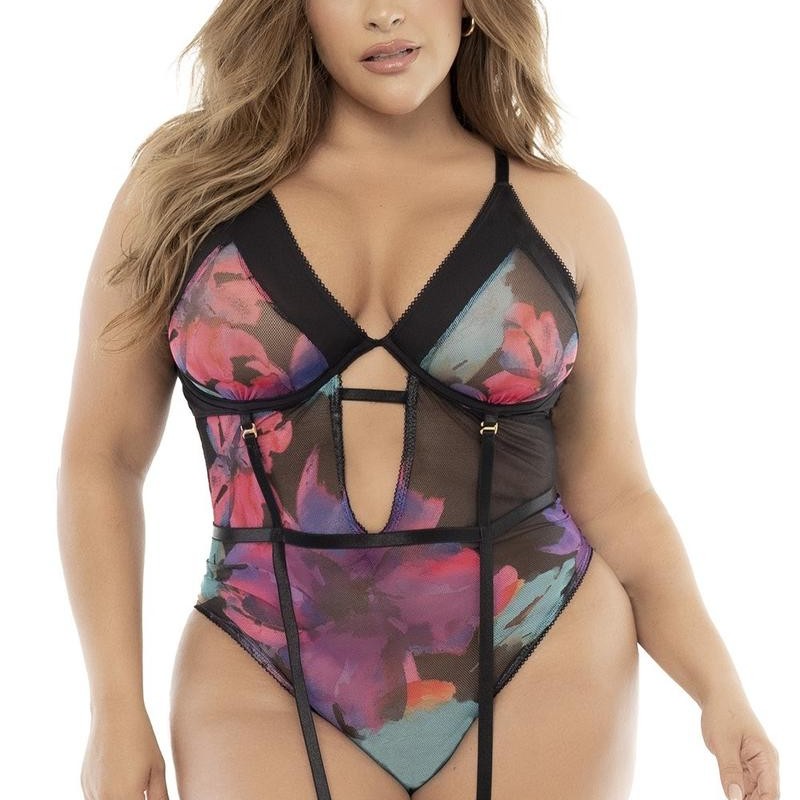 Body noir imprimé fleurs exotiques grande taille - Mapalé